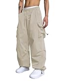 ZAFUL Flat Pocket Parachute Pants for Men Causal Baggy Cargo Pants Unisex Street Y2K Pants Drawstring Trousers Apricot L