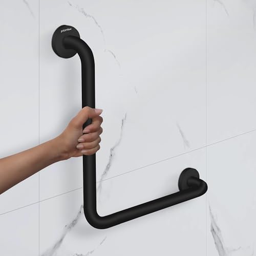 Image of Plantex L-Shape Grab Bar for Toilet /Support Handle for Senior Citizen /Anti-Slip Shower Handrail - Stainless Steel, Pack of 1 (Black)