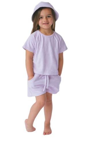 DreamBuy Set di 3 pantaloncini estivi personalizzati o semplici per bambini: 100% spugna di cotone a maniche corte per ragazze e ragazzi con cappello alla pescatora abbinato, Lavanda, 6-7 Years