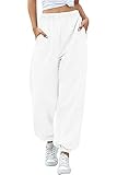 Women's Cinch Bottom Sweatpants Pockets High Waist Sporty Gym Athletic Fit Jogger Pants Lounge Trousers (White A, M)