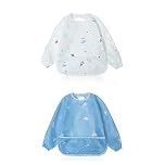 Little Dimsum Long Sleeves Toddler Weaning Bibs |Sleeved Baby Waterproof Feeding Coverall Set | Catching Food & Wipe Clean 6-36 Months (Glatic&Spaceship)