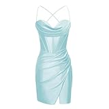 Aosadin Satin-Faltenkleid für Teenager, Spaghettiträger, Etuikleid,...