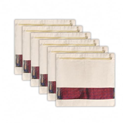 Image of Nirency Cotton Saree Cover Bags with Zipper, Saree Storage Organizer for Wardrobe, Dust Proof Garment Storage Covers for Sarees, Dresses & Ethnic Wear | (16 X 14 Inches) (Saree Cover pack of 6)