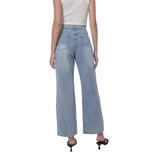Women's High Waisted Jeans with Bowknot, Straight Leg Light Wash, Relaxed Fit Denim Pants4