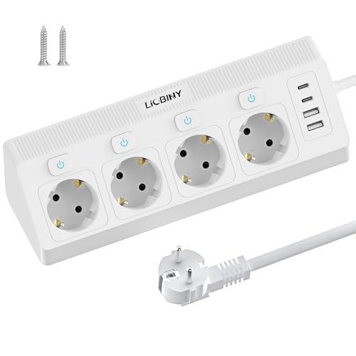 Steckdosenleiste mit 2 USB C und 2 USB A 4 Fach Ecksteckdose Einzeln Schaltbar Mehrfachsteckdose Überspannungsschutz 3680W 16A Mehrfachstecker Wandmontage Steckerleiste 2M Kabel Weiß für Küche Büro