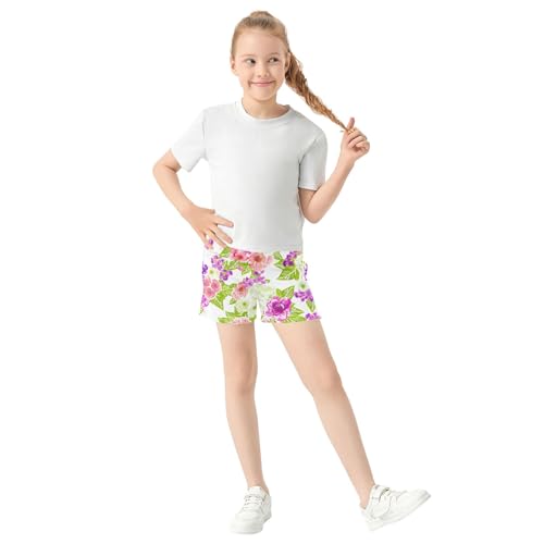 Girls Athletic Shorts Pink Purple Floral White Comfy Casual Youth Summer Pajama Sleep Shorts with Pockets, X-Small2