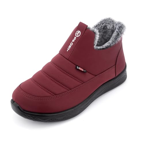 STUNAHOME Slip On Winter Boots for Women Insulated Fur Lined Snow Boots Waterproof Outdoor Shoes, Burgundy, 9