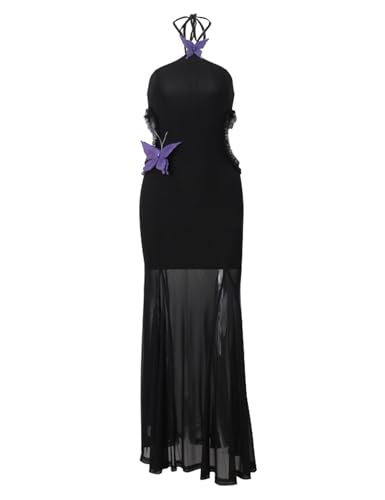 Image of Women's Halter Neck Butterfly Cutout Maxi Dress Backless Slim Fit Mermaid Gown for Beach Vacation Party Elegant Dress
