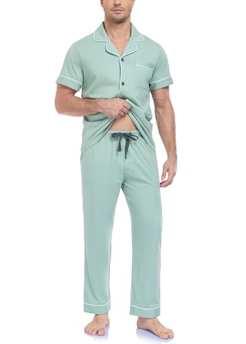 Image of COLORFULLEAF 100% Cotton Mens Pajamas Set Short Sleeve Loungewear with Long Pants Button Down Sleepwear Soft Comfy Pj for Men