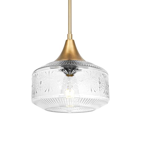 Brushed Gold Pendant Light with Large Thickened Glass Shade(Size 9.25in), Pendant Lights Kitchen Island Vintage Brass Kitchen Island Lighting Adjustable Hanging Lights for Dining Room Hallway Bathroom