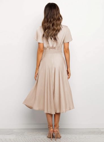 Image of miduo Womens Satin V Neck Ruffle Short Sleeve Tie Front High Waist Midi A-Line Maxi Dresses