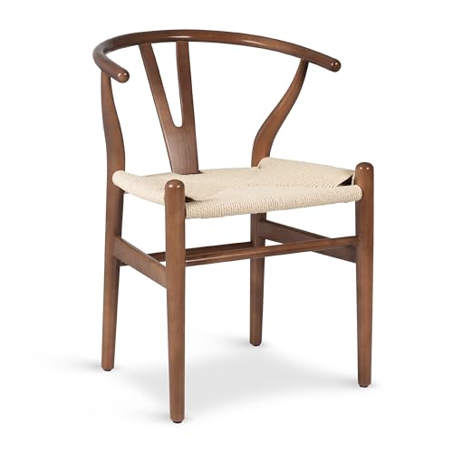POLY & BARK Weave Dining Chair – Mid-Century Modern Wishbone Dining Chair with Arms, Solid Wood Frame, Indoor Use – Walnut – Single - Ideal for Dining Room, Kitchen or Stylish Accent Setting