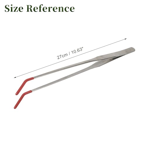 Image of Stainless Steel Reptile Feeding Tongs, Curved Aquarium Tweezers with Rubber Tip, Terrarium Tongs for Gecko, Lizard & More, 10.63 inch Length, Red