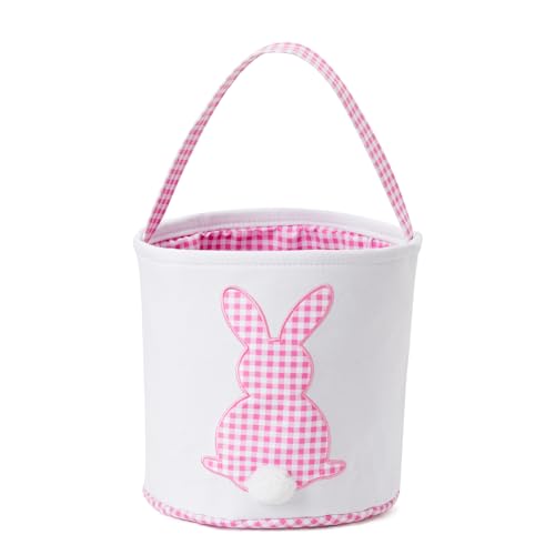 Image of Easter Basket with Handle Easter Bucket Easter Baskets for Kids Easter Basket Bags Egg Hunt Basket Canvas Plaid Bunny Print Basket with Fluffy Tail (Pink Plaid)
