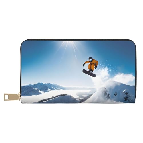 Leather Wallet for Women Ladies Novelty Printed Around Zipper Long Wallet Phone Purse Credit Card Holder, Snowboarding