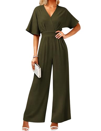 LOOKBOHO Womens Dressy Jumpsuits V Neck Belted Waist Casual Wide Leg Pants Romper Formal Elegant Jumpsuit Army Green XL