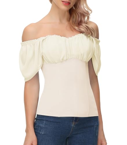 Womens Summer Tops Victorian Shirt Square Neck Casual Off Shoulder Top Flutter Short Sleeve Blouse Beige XL