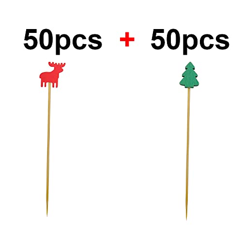 100Pcs Christmas Cupcake Toppers Cocktail Sticks Wooden Xmas Tree Toothpick Red Reindeer Fruit Sticks Mini Cake Topper Snack Picks Food Pick Appetizer Picks New Year Eve Home Party Cake Decorations #TOP1