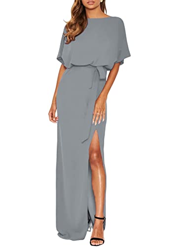 Happy Sailed Womens Batwing Sleeve Tie Waist Long Maxi Dress Side Split Formal Party Dresses Evening Gown Grey Medium #TOP30