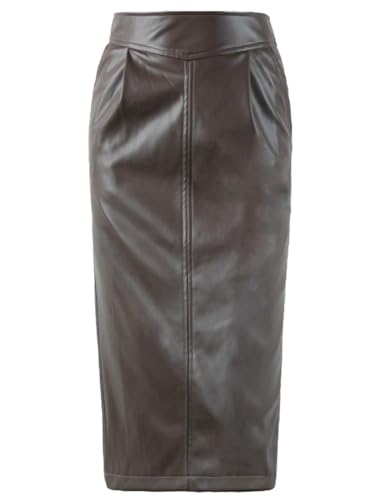 Women Midi Pu Leather Skirt Long High Waisted Pencil Skirts Side Slit Zipper Skirt3