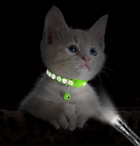 Taglory Reflective Cat Collars Breakaway With Bell, 2 Pack Girl Boy Pet Kitten Collar Adjustable 6-8 Inch, Green #TOP4