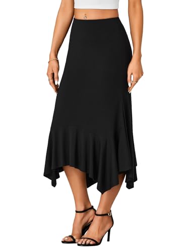 OPOIPIN Women's Stretchy High Waist Ruffle Asymmetrical Hem Flowy Midi Skirt3