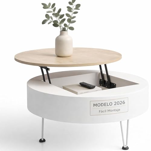 Mesa De Centro Elevable Redonda Moderna 75Cm Con Almacenaje Interior Madera Blanca Patas De Acero Estilo Decorativo Café Multiusos Salón Minimalista Sofá Funcional Mueble Diseño Versátil Elegante