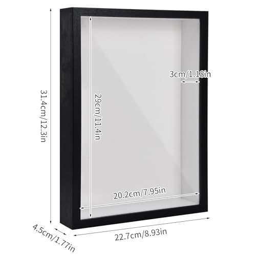 3D Bilderrahmen zum Befüllen A4, Schattenbox Vitrine Rahmen, 3D Tief Objektrahmen mit Transparente Acrylplatte Rahmen, Hölzern 3D Rahmen für Medaillen Blumen Foto Erinnerungsstücke (Schwarz 3CM)