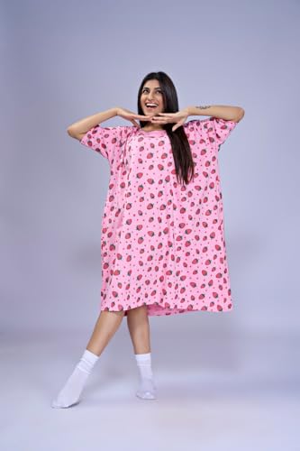 Image of LAMA STORE Women's Printed Oversized T-Shirt Dress, Cotton, 3 /4 Sleeve Length, Casual Loose Fit, Comfort Wear Extra Comfy Oversized Printed Pocket T-Shirt Dress