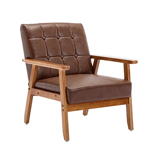 Olela Accent Chair With Wood Frame Mid-Century Modern Armchair, Button Tufted Side Chair Faux Leather Fabric Comfy Corner Chair For Living Room, Bedroom, Apartment, Brown-Leather #TOP2