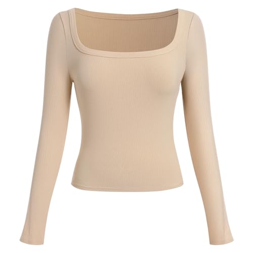 AGYMNX Damen-T-Shirt, lässig, Y2K, sexy, Slim, figurbetont, Langarm, figurbetont, für Damen, Basic, quadratischer Kragen, lässig, Top, Bluse, Mandel, M-L AGYMNX Damen-T-Shirt, lässig, Y2K, sexy, Slim, figurbetont, Langarm, figurbetont, für Damen, Basic, quadratischer Kragen, lässig, Top, Bluse, Mandel, M-L