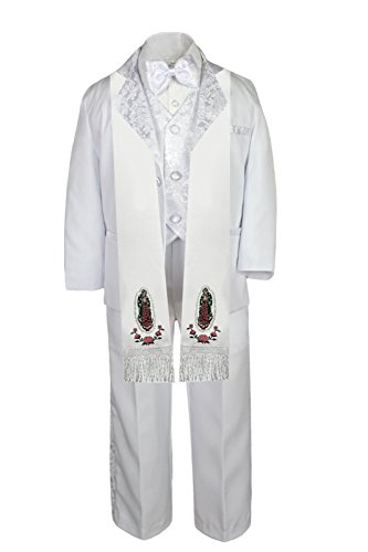 6pc Baby Toddler Boy Notch Paisley Lapel White Tuxedo Suit Guadalupe Stole Sm-20 (12)
