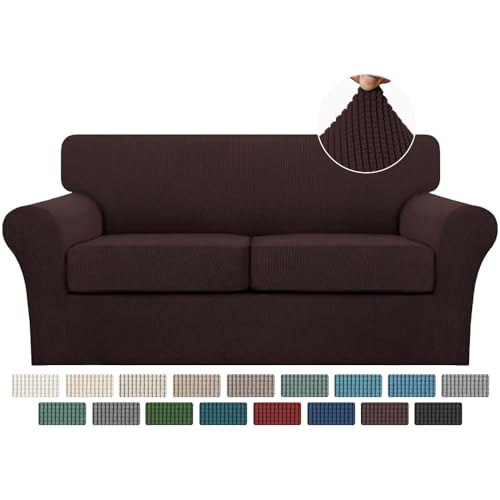 Turquoize 3 Piece Sofa Covers For 2 Cushion Couch Sofa Slipcover Soft Couch Cover For Dogs-Washable Sofa Furniture Covers With 2 Individual Cushion Covers, Feature Thick Fabric (2 Cushion Sofa, Brown)