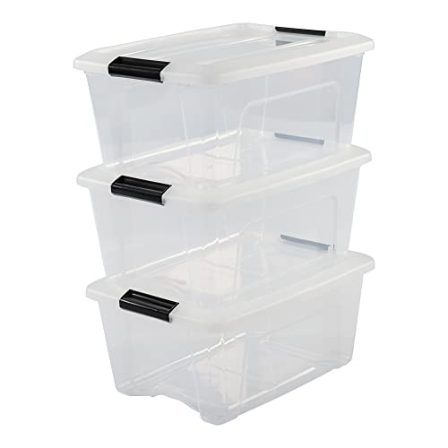 Iris Ohyama, Boîtes de rangement plastique avec couvercle et clips de fermeture, 15L, Lot de 3, Poignée intrégrée, Empilable, Sans BPA, Chambre,Bureau, Salon, NTB-15, Transparent