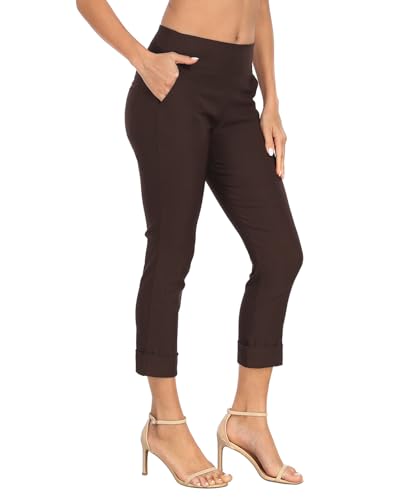 Image of HDE Pull On Capri Pant for Women w /Pockets Elastic Waist Cropped Work Pant | Comfortable Pull On Waist, Tailored Fit with Cuff, Stretchy Summer Office Pants, 24.25 inch Inseam, Professional Dress Capris