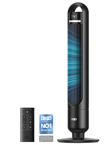 DREO Quiet Tower Fan for Bedroom& Home 25ft/s Powerful Airflow 29ft Coverage 1-8H Timer 4 Speeds 3 Modes 28dB Bladeless Fan with Remote Control 90 Oscillating Cooling Fan LED Display