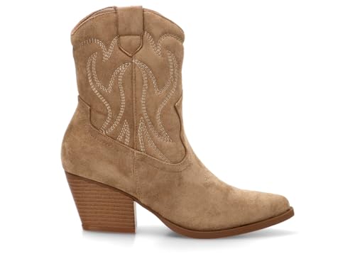 Etika Botas Camperas de Media Caña para Mujer, Bota de Estilo Cowboy con Bordados y Tacón Cubano de 6,5cm, Cierre con Cremallera, Modelo 110542 Taupe - 39