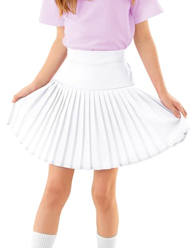 DGSHIRLDJO Girls Pleated Skirt High Waisted Tennis Skirts with Shorts Casual Skater Skorts Kids Uniform School Skirt 5-13 Years (UK, Age, 8 Years, 10 Years, Regular, White)