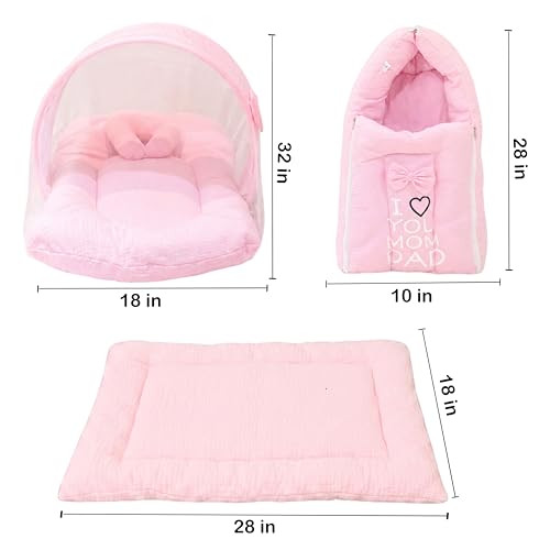 Image of Fareto Combo of Baby Bed with Net | Carry Bag | 4 Pcs Bedding Set (0-6 Months, Baby Size, Cotton) (M Pink)