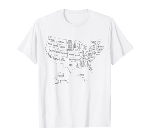 Mapa de contorno negro del 50 Estados Unidos, Estados Unidos Mapa político Camiseta