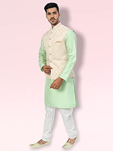 Image of Uri and MacKenzie Men's Silk Blend Regular Kurta Churidar Pyjama with Bundi Nehru Jacket /Waistcoat