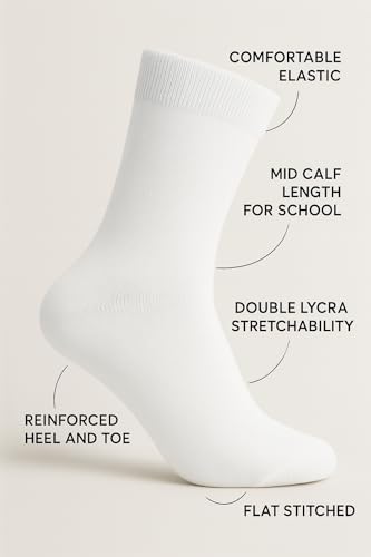 Image of Sir Johnson Socks White School Socks for Girls, Boys & Kids - (Pack of 3) - Plain White Calf Length Uniform Socks - Classic Cotton Lycra - Heavy Elastic, Comfortable Fit