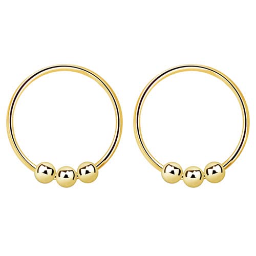 2 aros nariz, plata de ley 925, color dorado con tres bolas de cierre, 9mm diámetro, finos 0,6mm grosor.
