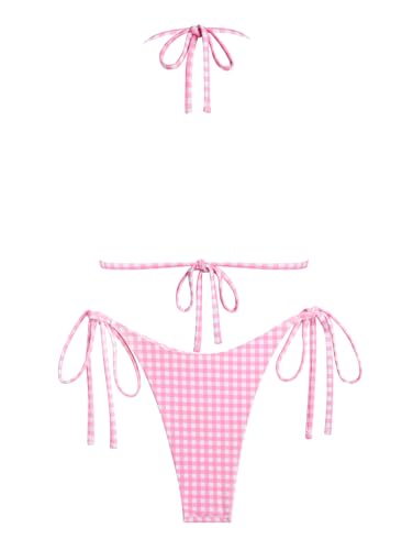 ZAFUL Women's Sexy Halter Bikini Sets Bow Decor Tiny Floral Print Bikini Swimsuits Tie Side Triangle Bathing Suits (Light Pink, S), Small - Image 2