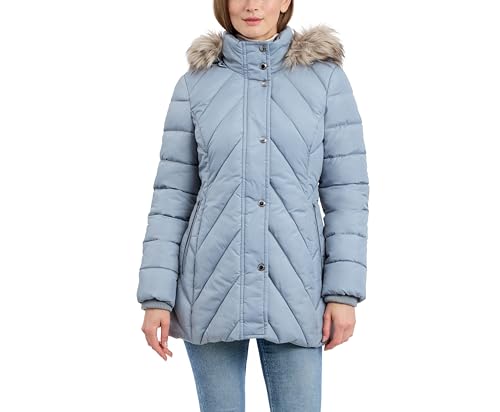 Faux Fur Trimmed Hooded Puffer, Grey, Large