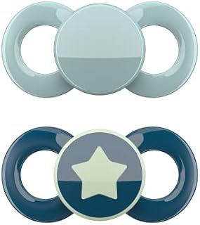 Dentistar® Day & Night Soother Set of 2 - Size 2 for 6-14 Months - Tooth and Jaw Friendly Silicone Soother - with 1 Glow in The Dark Soother - Ivory/Green with Spiral Motif - Made in Germany