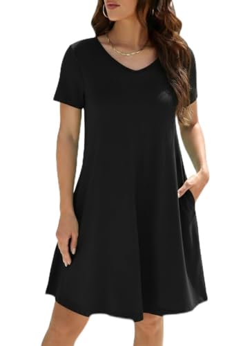 Image of KORSIS Dresses for Women Casual T-Shirt Summer Short Sleeve Loose Comfy Dress Swing Flowy Beach Vacation Sundress with Pocket