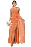 Koendye Women's Orange Bridesmaid Dresses 2025 for Wedding A Line One Shoulder Chiffon Bridemaids Dress with Slit for Juniors 8