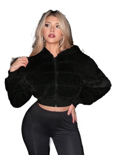 Women's Black Long Sleeve Jacket Plush Zipper Open Front Hooded