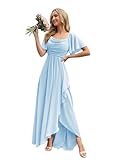 KJHUTAY Women's Chiffon Bridesmaid Dresses with Sleeve Long A Line Cowl Neck Formal Wedding Guest Gown Sky Blue